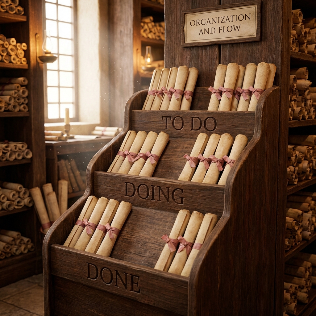 Tablero Kanban organizado por horizontes: trimestre, mes, semana