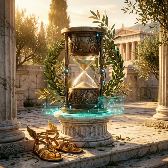 Reloj de arena griego con brillo turquesa representando los breaks de movimiento